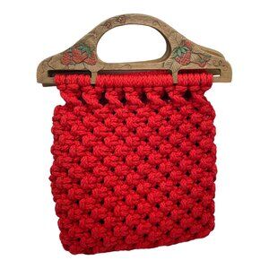 Macrame Crochet Purse Handbag Woven Red With Strawberry Embellished Handles